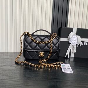 CHANEL Black Quilted Caviar Leather Mini Flap Bag with Gold Hardware